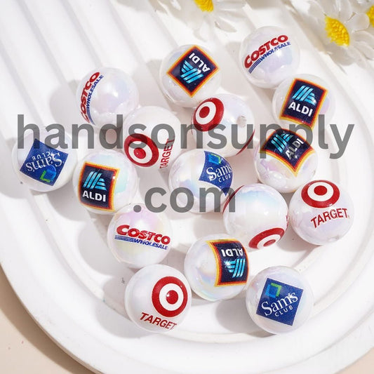 Brand Supermarket Logo Printed Custom Style, Acrylic Beads for Bracelets, 16MM Random Mix