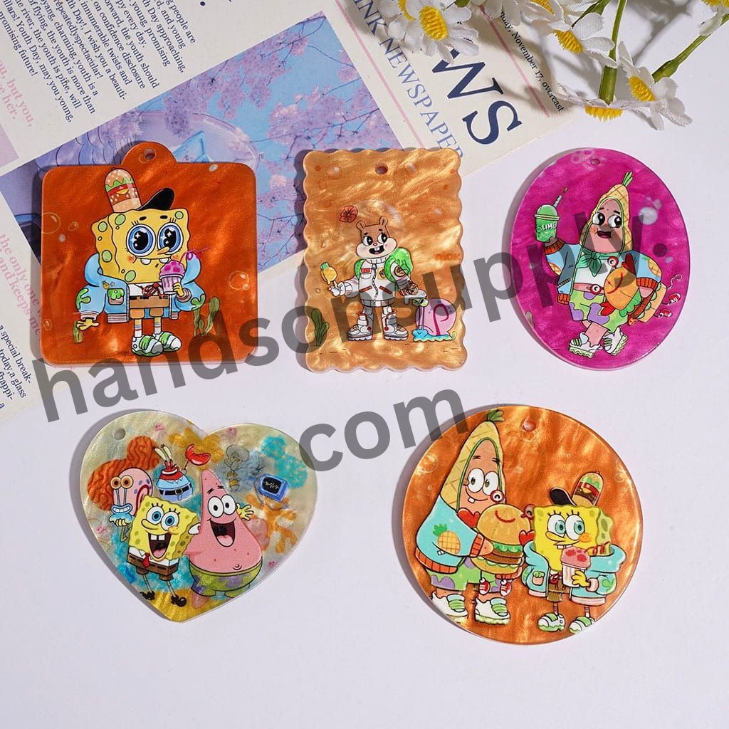 Cute Yellow Sponge & Pink Starfish Cartoon Character Acrylic for DIY Charms Pendants Craft, Assorted Shapes, Random Mix