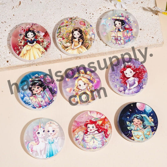 Classic Animation Beautiful Princess Character Print on Flat Round Shape Acrylic Beads, 31MM Random Mix