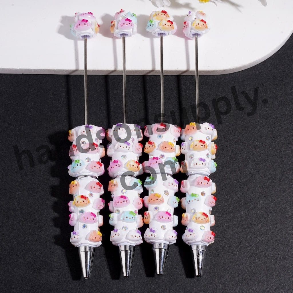 Cute Cat Character Dumpling Shape Beadable Clay Pens with Bowtie and AB Rhinestones, Multi-Color