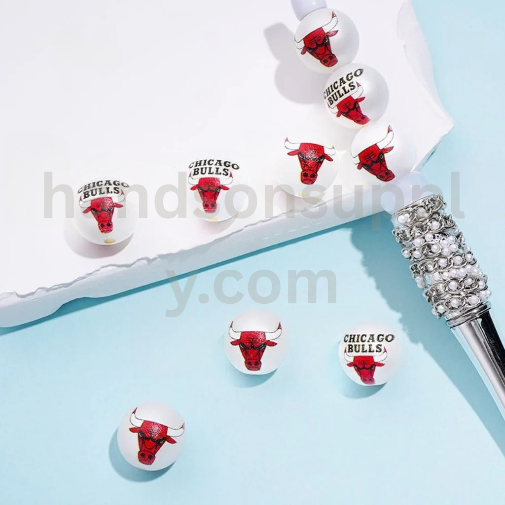 Chicago Basketball Theme Round 16MM Frosted Matt White USA Sports Mix Acrylic Beads