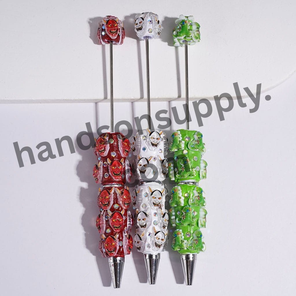 Halloween Demon Skull Ghost Mask and Green Dinosaurs Beadable Clay Pens AB Rhinestones, Multi-Color