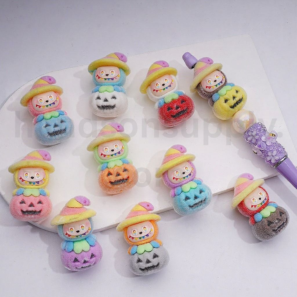 Cute Halloween Pen Topper Flocked Labub with Magic Hat on Ghost Face Pumpkin Acrylic Beads 44*28MM Random Mix