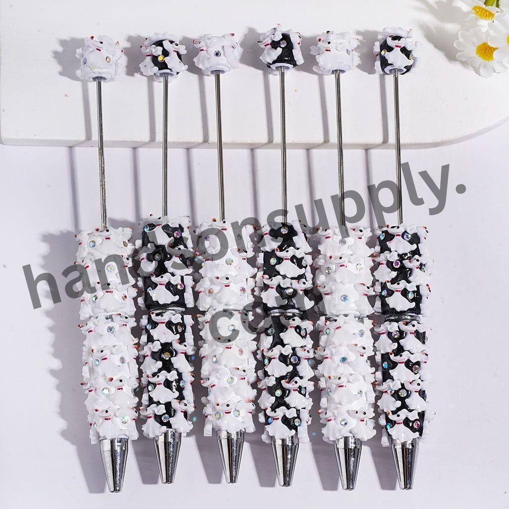 Cute White and Black Dog Halloween Beadable Clay Pens with AB Rhinestones, Multi-Color