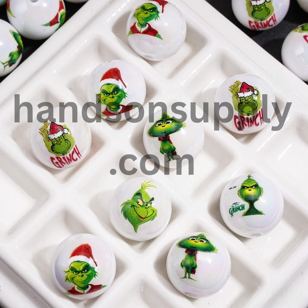 UV-Coated Festive Green Character Series Christmas Theme Printed Round Acrylic Beads for Bracelets, 16MM, Random Mix