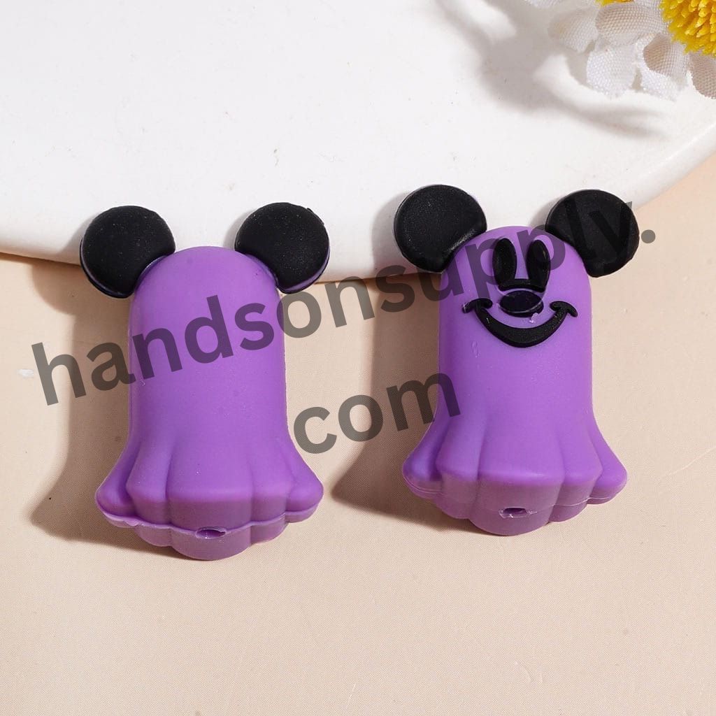 Cute Classic Mouse Character Inspired Faces with Round Ears Ghost Halloween Silicone Focal Beads, 21*30MM, Multi-Color Random Mix