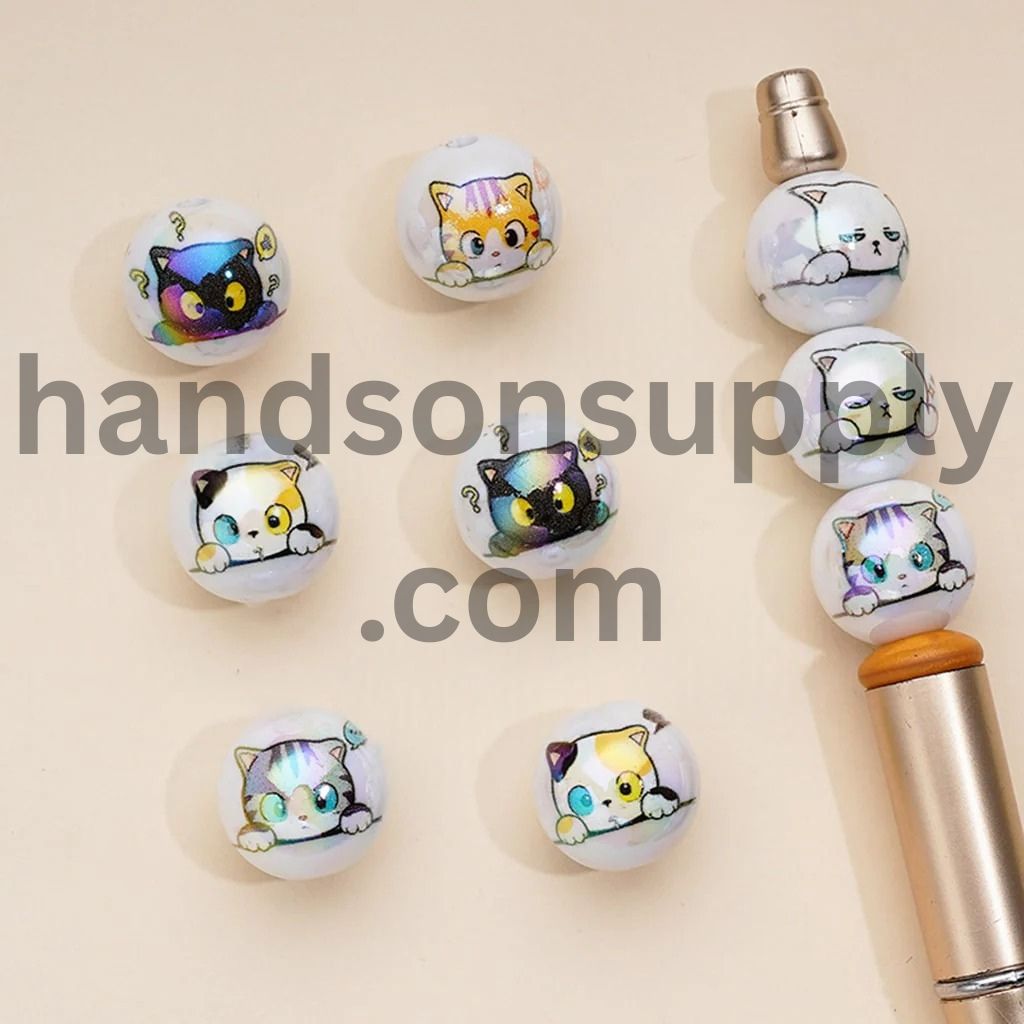 UV Coating Little Cat Print White Round Acrylic Beads, Random Mix, 16MM