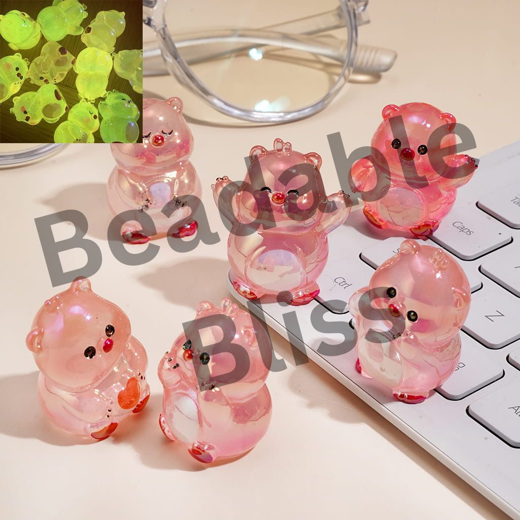 Luminous UV Coating Pink Beaver Acrylic Beads, Assorted Poses, Transparent Pink Finish, Random Mix