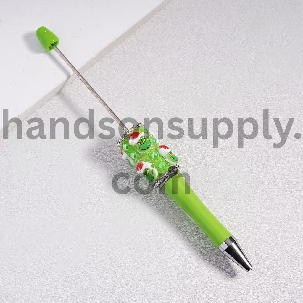 Green Monster Character Beadable Pen with Christmas Hat & Clear Rhinestone Chain
