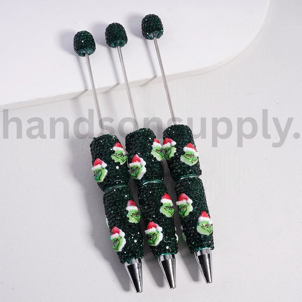 Green Monster with Christmas Santa Hat Red & Green Rhinestones Beadable Clay Pen