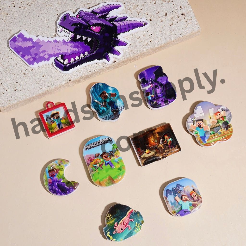 Sandbox Game-Inspired Purple Dragon Character Series Acrylic Beads Pendants, Assorted Shapes & Designs, Random Mix