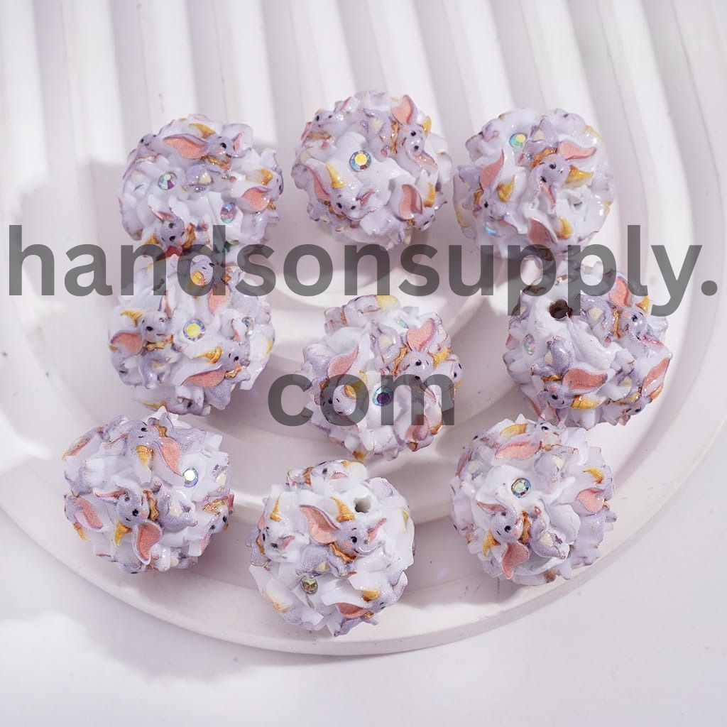 Gray & Blue Flying Elephant Character with AB Rhinestones Round Silicone Focal Beads 20MM