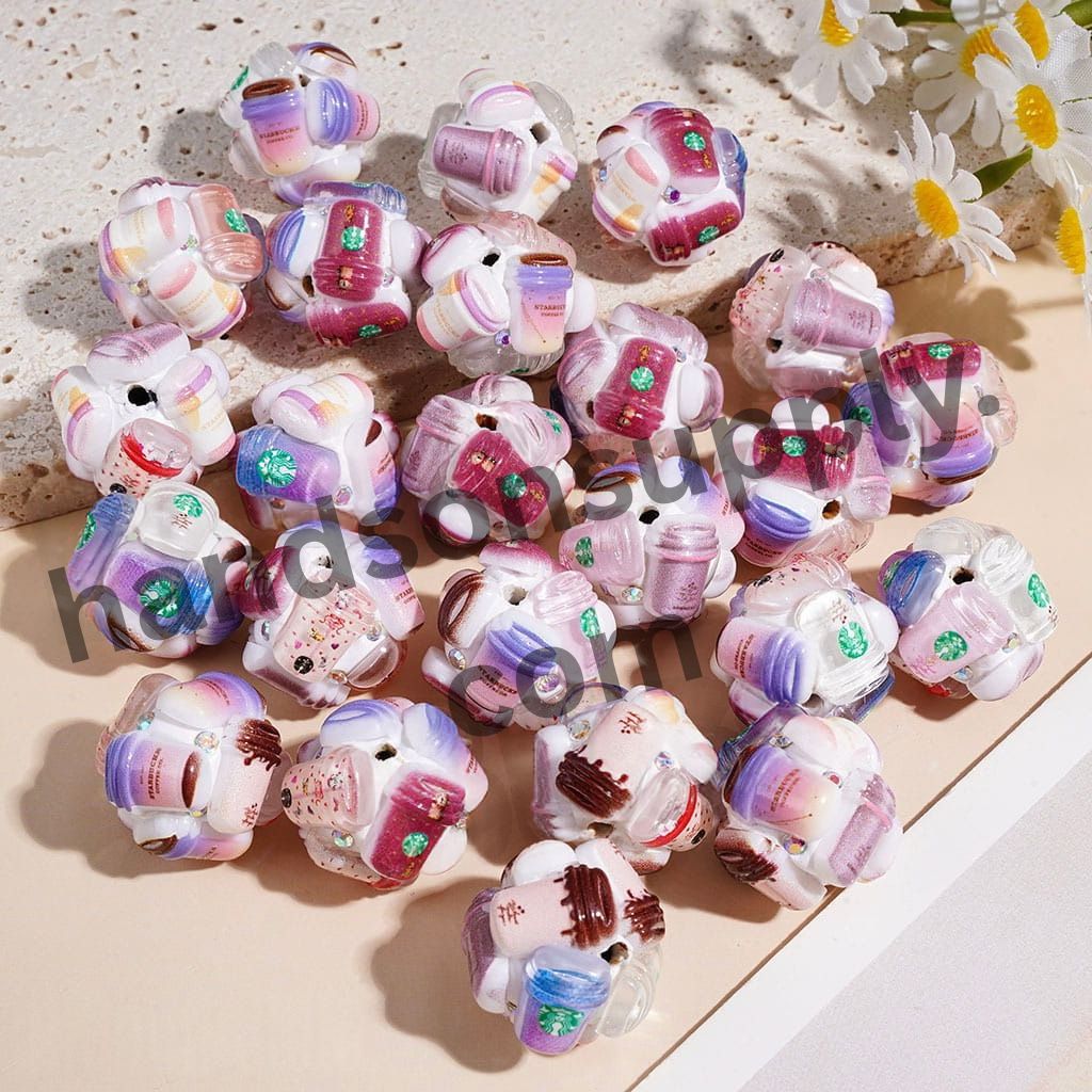 Coffee & Café Drinks Cup Acrylic Beads with AB Rhinestone, Clay Beads 20*20MM Random Mix