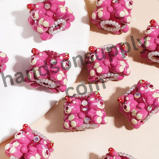 Cute Pink Teddy Bear Cluster Acrylic Beads with White Pearl Chain & Clear Rhinestones 20MM