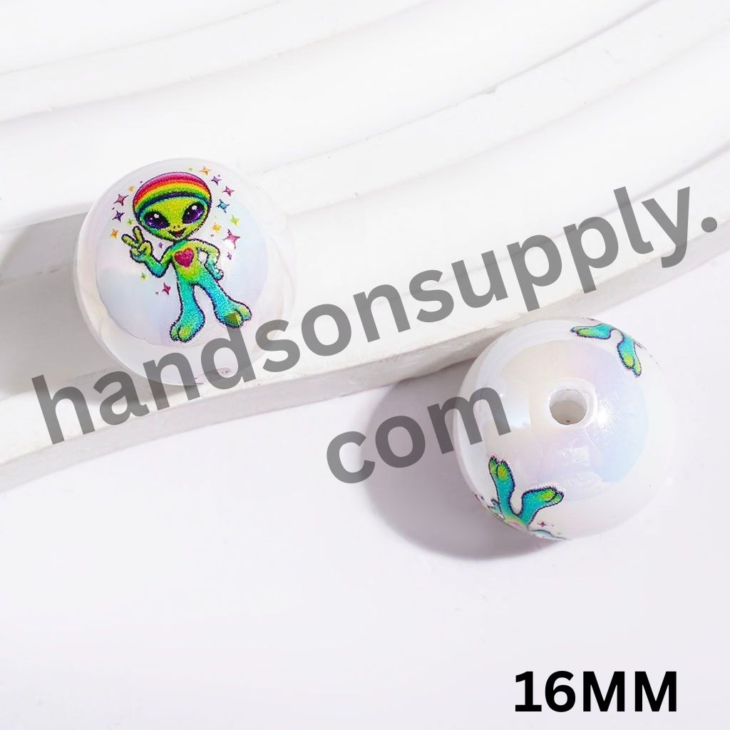UV-Coated Playful Green Alien Character Making a Funny Gesture Printed Round Acrylic Beads for Bracelets, 16MM