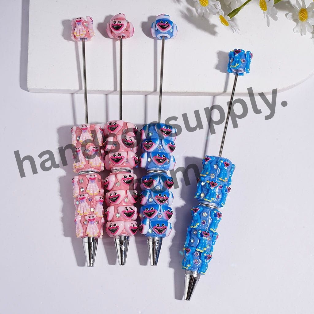 Cute Pink & Blue Monster Villain Doll Adorable Character Big Mouth & AB Rhinestones Beadable Clay Pens