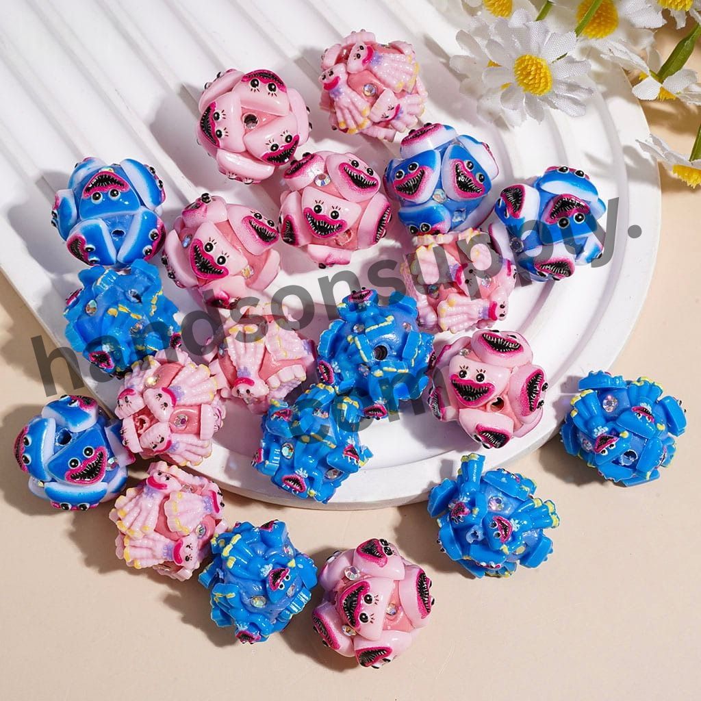 Pink & Blue Cute Monster Big Mouth Villain Doll Character with AB Rhinestones, Silicone Focal Beads, 20MM, Multi-Color Random Mix