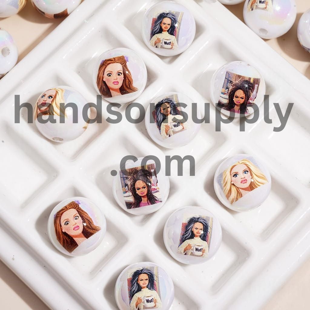 Stylish Cartoon Fashion Girl Series with Various Facial Expressions UV Coated Glossy Printed Round Acrylic Beads for Bracelets, 16MM, Random Mix