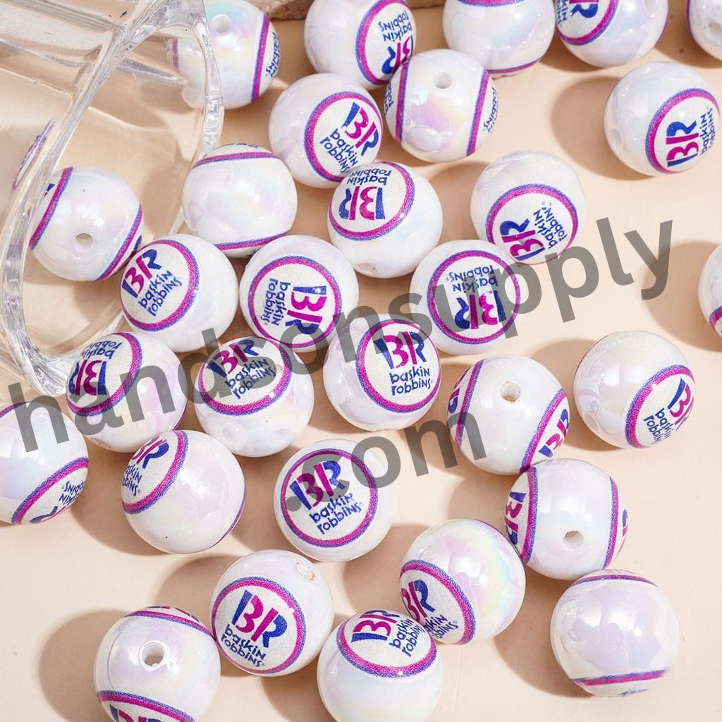 Baskin-Robbins Logo Print, Ice Cream Theme, Pearl White, Acrylic Beads for Bracelets, 16MM