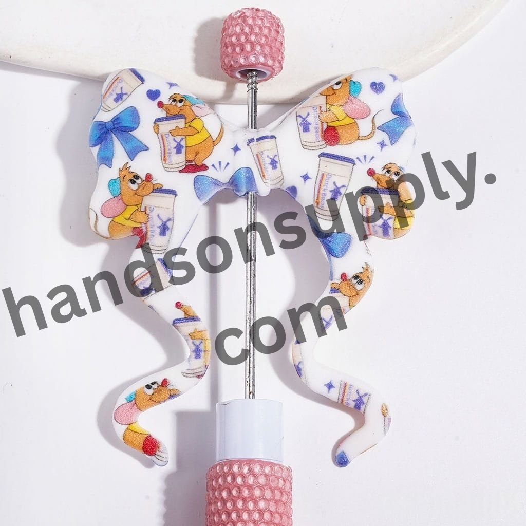 Adorable Blue Bowtie & Orange Yellow Mouse Holding Coffee Cup Design Soft Bowknot with Long Ribbon Silicone Focal Beads, 59*70MM