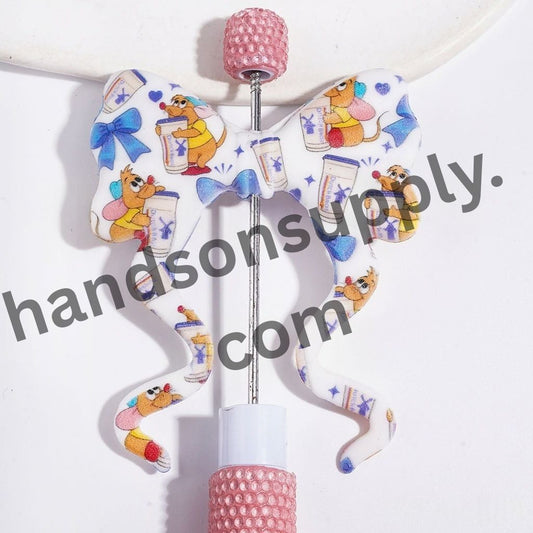 Adorable Blue Bowtie & Orange Yellow Mouse Holding Coffee Cup Design Soft Bowknot with Long Ribbon Silicone Focal Beads, 59*70MM