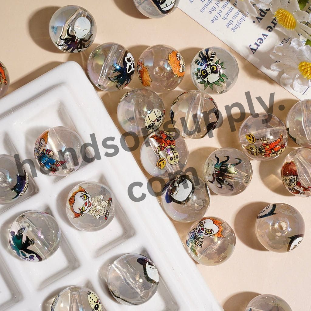 UV-Coated Transparent Cute Halloween Horror Character Print Round Acrylic Beads for Bracelets, 15MM, Random Mix