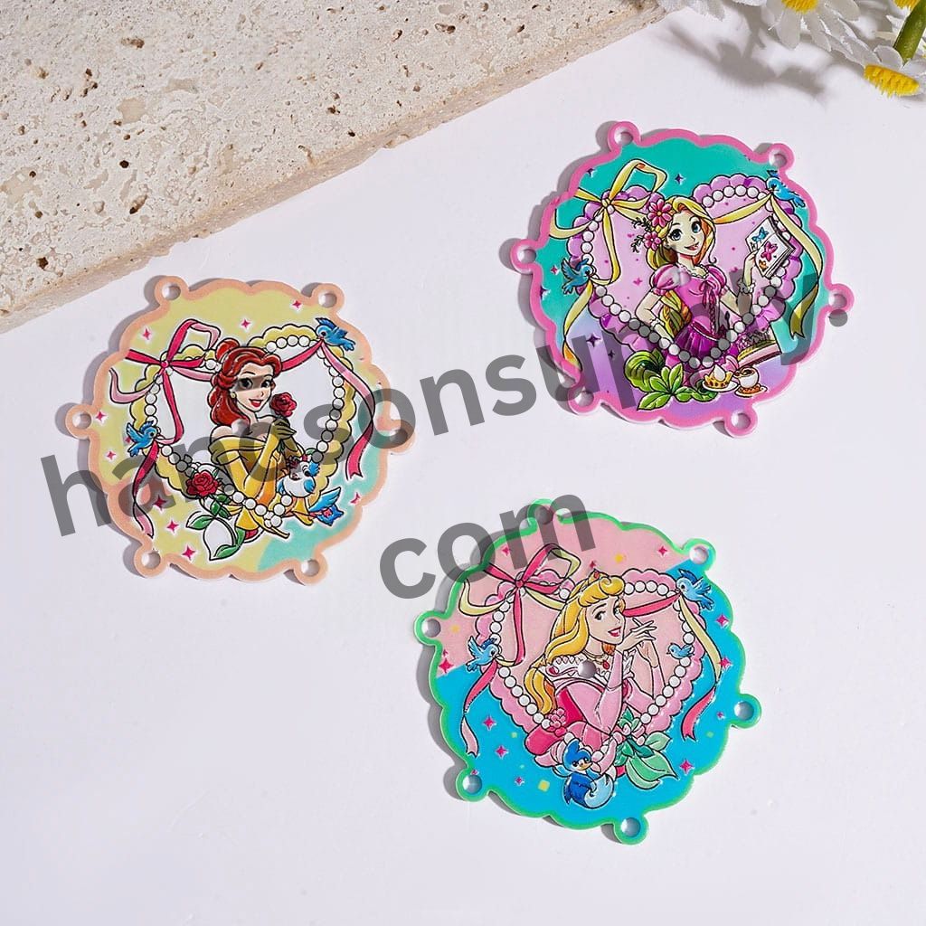 Classic Beautiful Princess Character with Wavy-Edged Flat Round Shape Acrylic Beads & Pendants, 51*51MM, Variant Designs, Random Mix