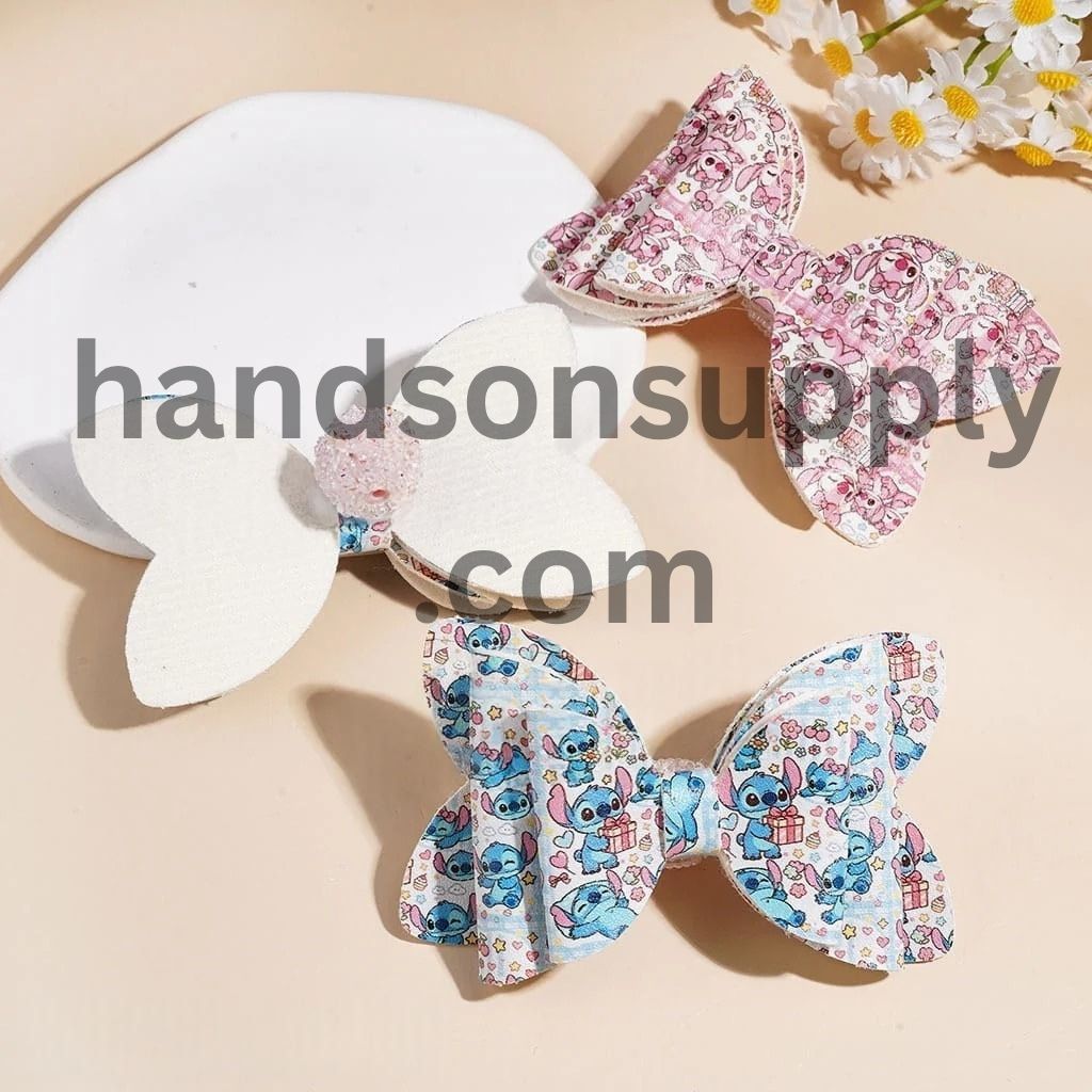 Cute Blue Pink Monster Character Holding Gift Three-Layer Fabric Bowtie with Sparkling Cone-Shaped AB Rhinestones, Clear Pearl Loop & Sugar Beads