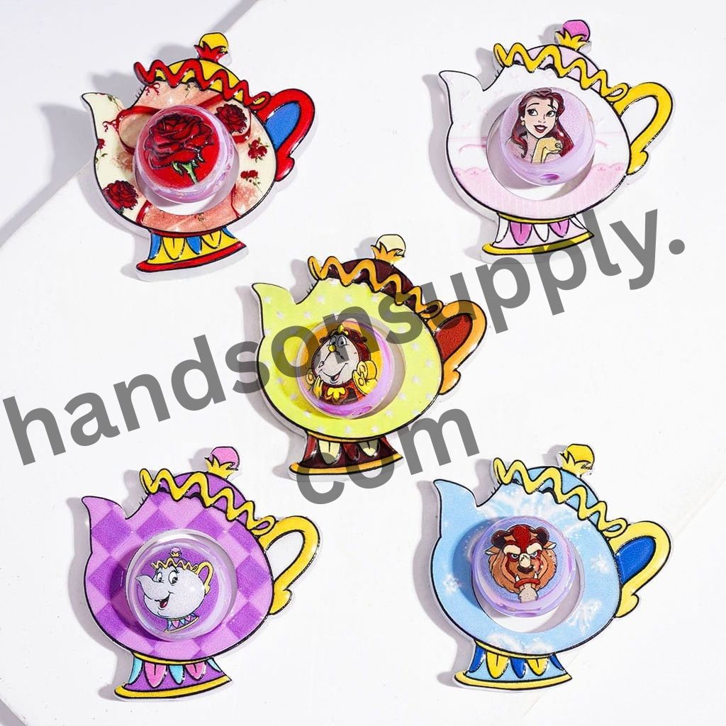 Adorable Hollowed Teapot with Beautiful Princess and Wild Beast Character Series UV-Coated Printed Round Acrylic Beads, Multi-Color, Random Mix