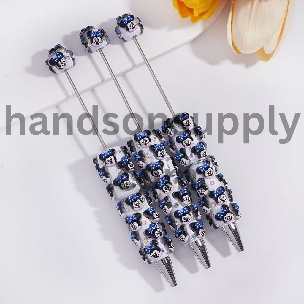 Classic Animation Girl Mouse Character with Red Blue Bowtie on Head, AB Rhinestones Beadable Clay Pens