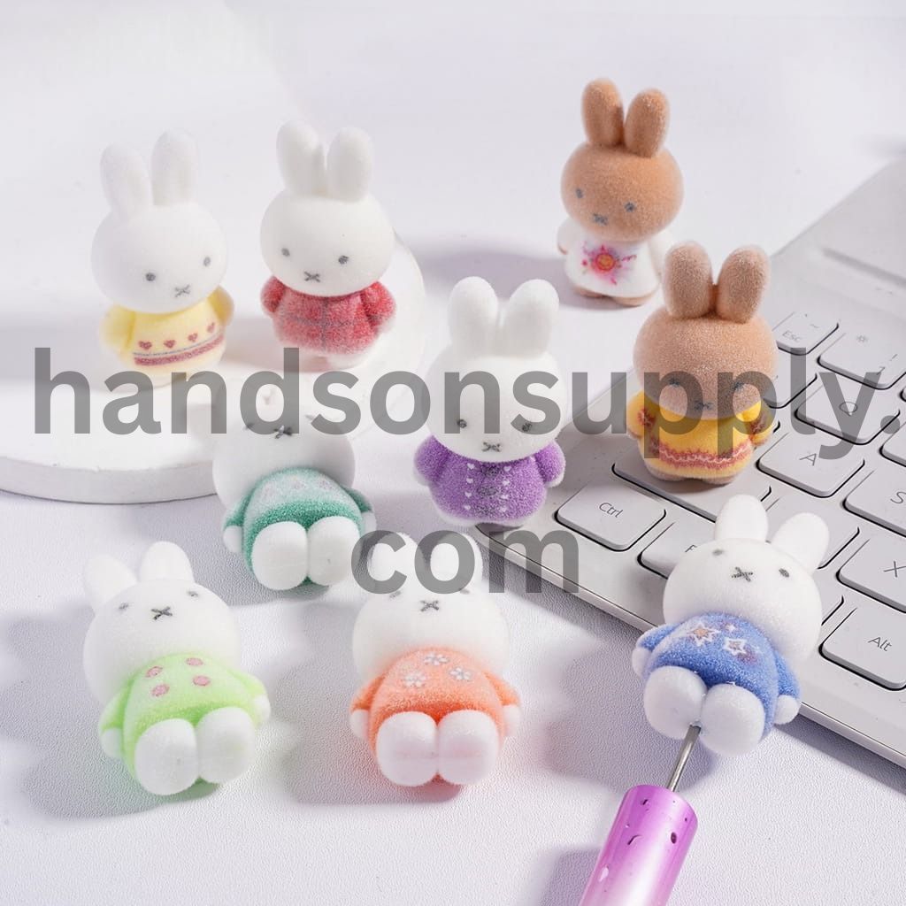 Flocked Fluffy White Bunny Figurine Acrylic Beads & Pen Toppers 47mm Random Mix