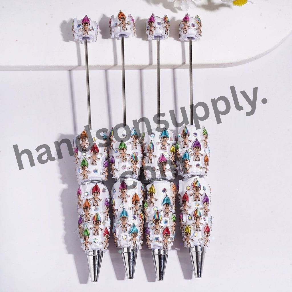 Cute Colorful Troll Magic Hair Elf Series Character Beadable Pens with AB Rhinestone Details, Multi-Color