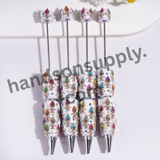Cute Colorful Troll Magic Hair Elf Series Character Beadable Pens with AB Rhinestone Details, Multi-Color