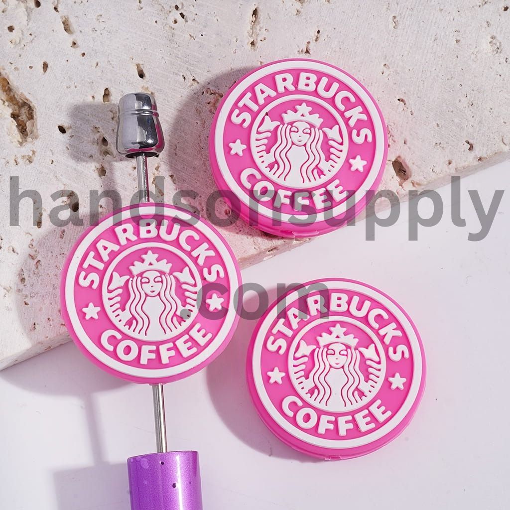 Pink & Green Coffee Café Theme Flat Round Shape Silicone Focal Beads