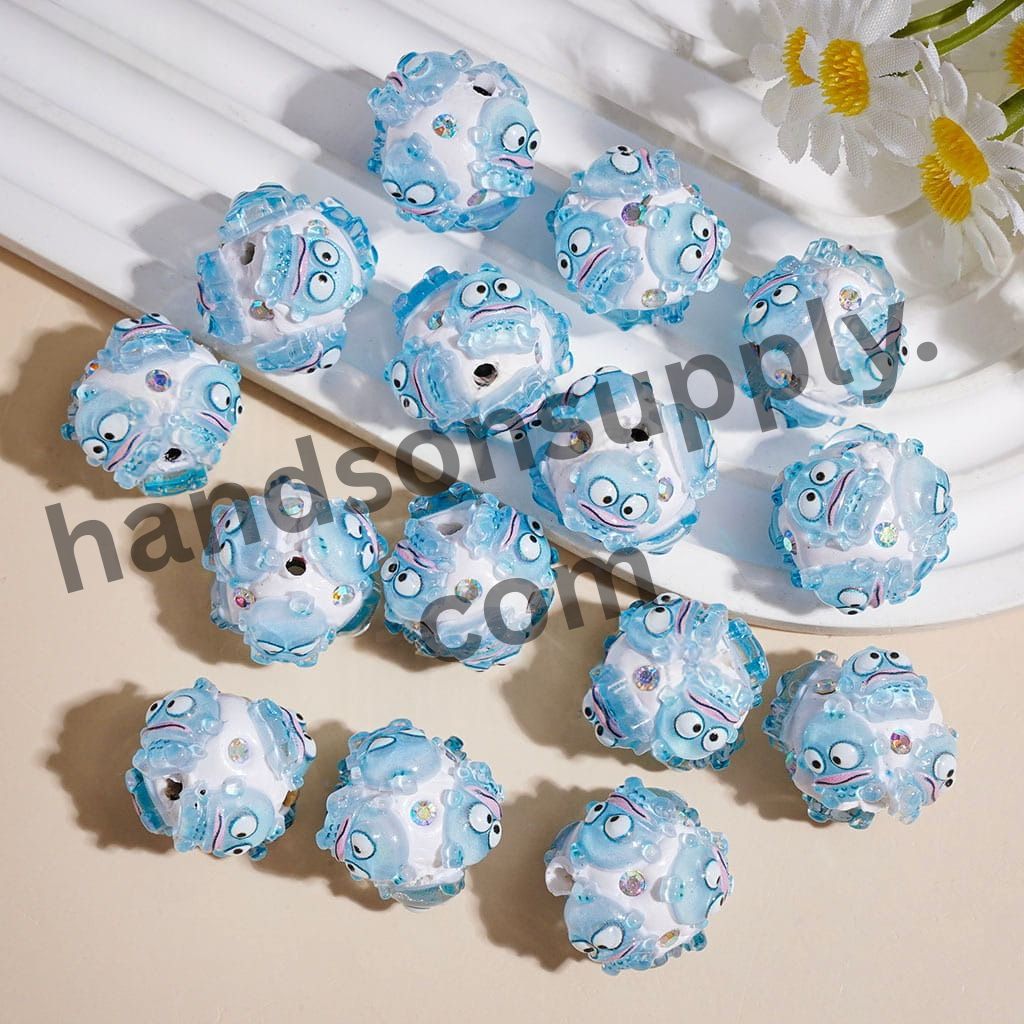 Cute Ugly Fish Character Blue Series, Clay Beads with AB Rhinestones, 17MM