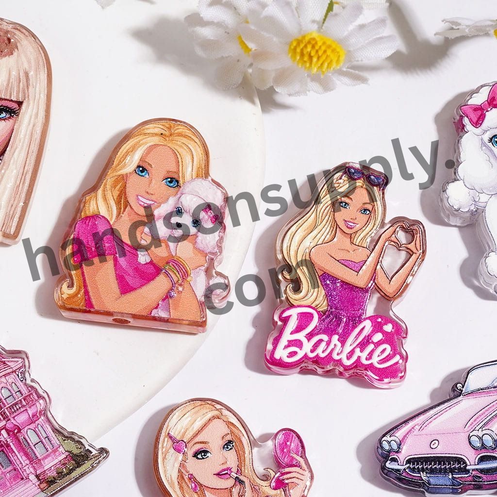 Cute Doll Girl & Poodle House Car, Pink Theme, Acrylic Beads, Random Mix