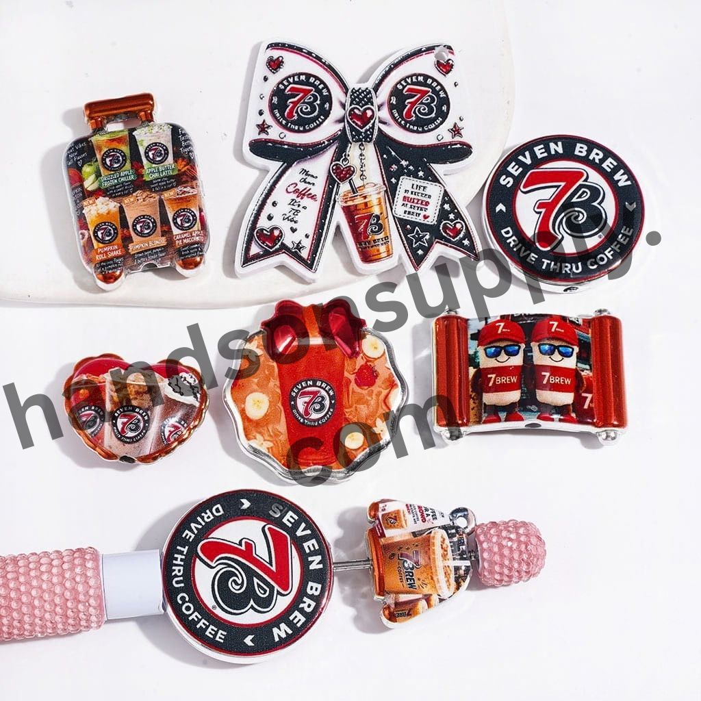 Trendy Iconic Coffee Series with Silver Border Detail, Acrylic Beads and Pendants, Random Mix