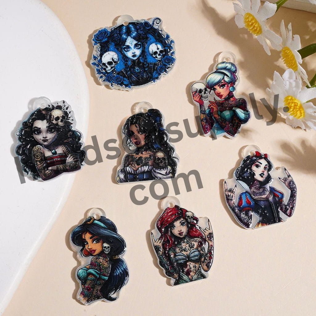 Horror Girl Fairy Tale Princess Tattoo Character Skull & Rose Theme Acrylic Pendants, Various Shapes, Random Mix