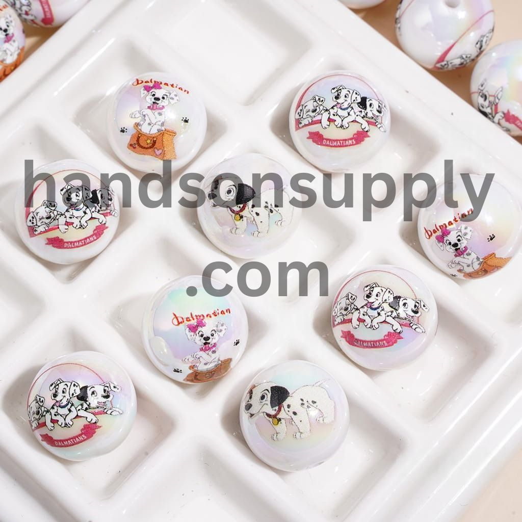 UV Coated Cute Dalmatian Puppy Character Series Printed Round Acrylic Beads for Bracelets, 16MM, Random Mix
