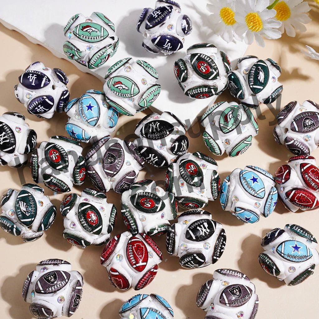 Sporty American Football & Baseball Team Clay Beads with AB Rhinestone, 21MM, Multicolor, Random Mix