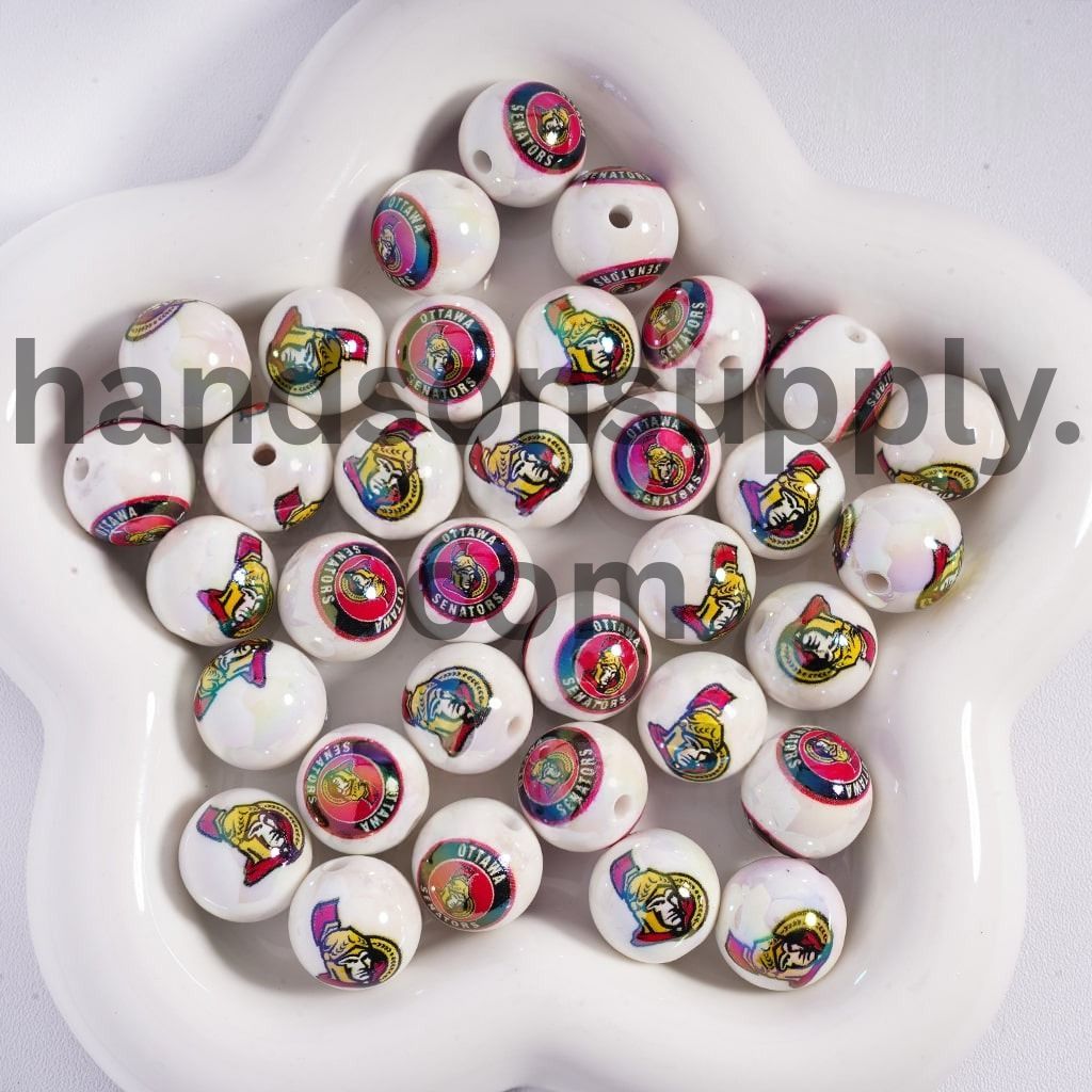 Round UV Coating Ice Hockey Team Pattern Acrylic Beads for Bracelets, 16MM