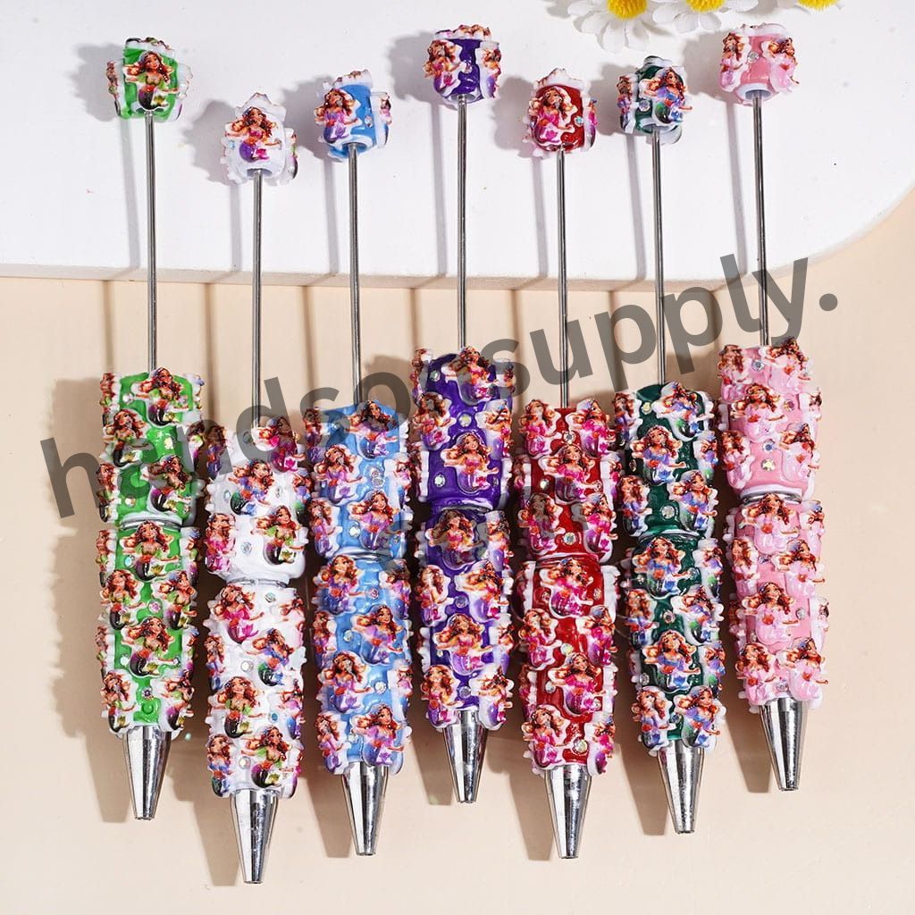 Cute Mermaid Princess Character Printed Clay Beads with AB Rhinestones, Assorted Colors, Random Mix