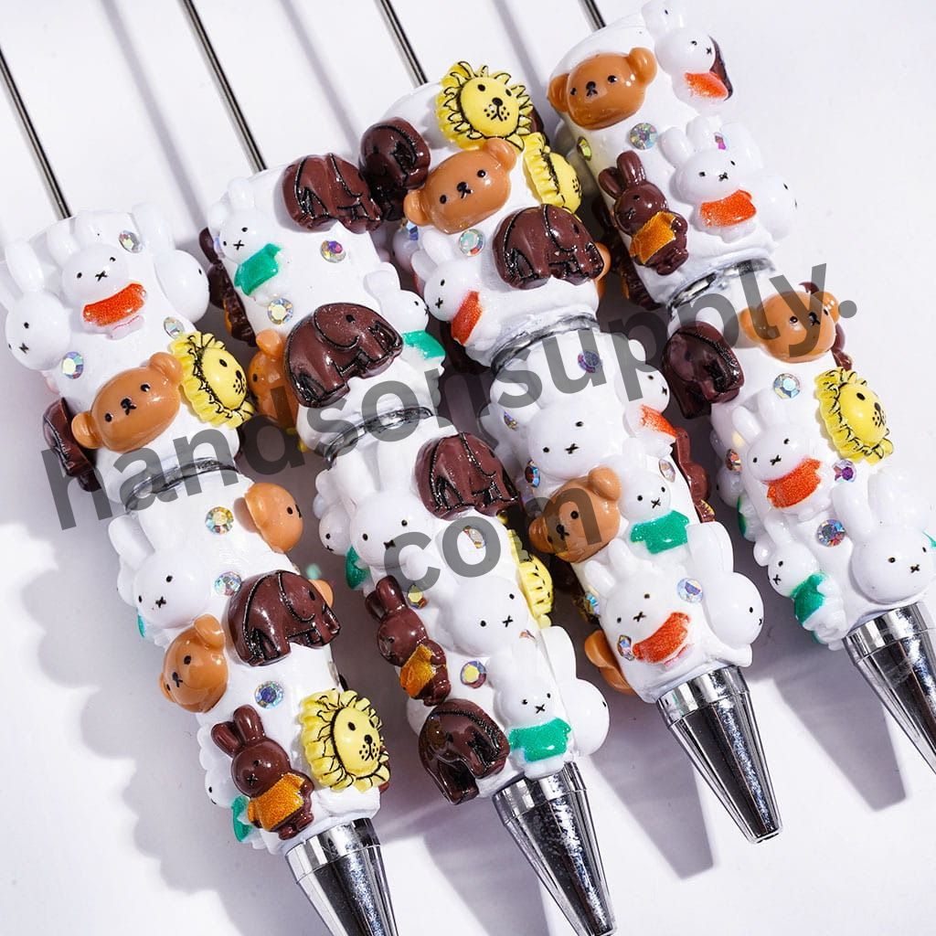 Cute Bear, Bunny & Sunflower Character Beadable Clay Pens with AB Rhinestones, Assorted Colors, Random Mix