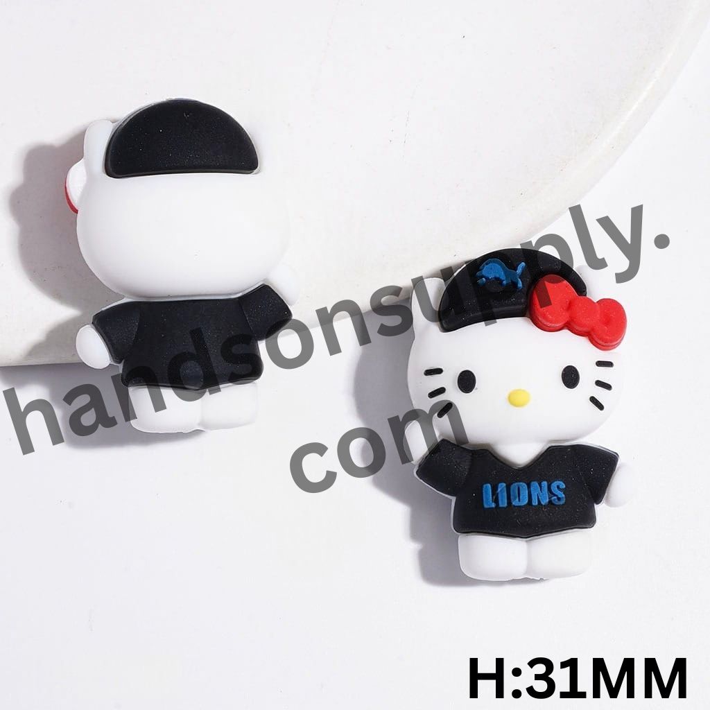 3D Cat Character in Blue Lion Cap with Red Bow American Football Theme Silicone Focal Bead, Height 31MM