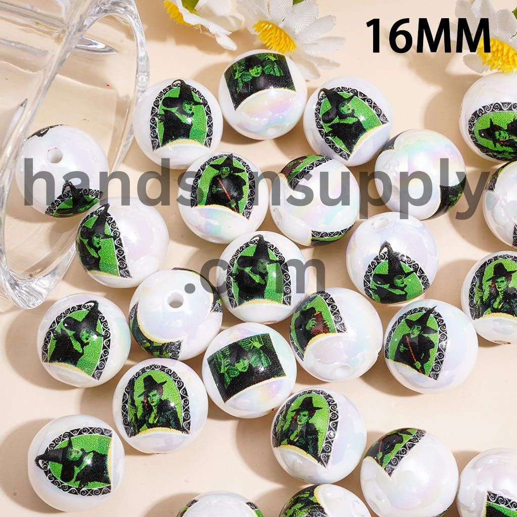 UV Coated Acrylic Beads for Bracelet w Green Witch, Halloween Theme Print, 16MM, Random Mix