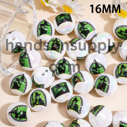 UV Printed Halloween Spooky Witch Face Printed White Background Round Acrylic Beads 16MM Random Mix