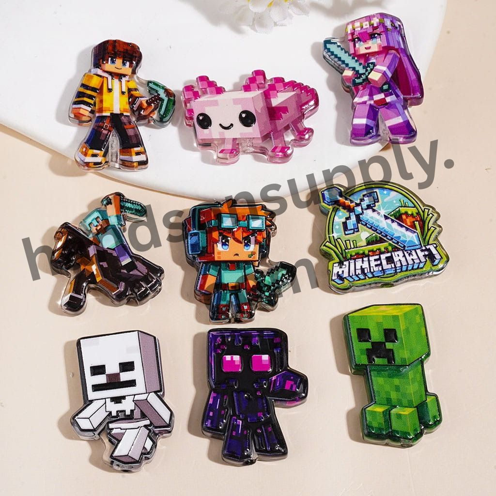 Cute Pixel-Style Game Character Sandbox Game Theme Acrylic Beads, Random Mix