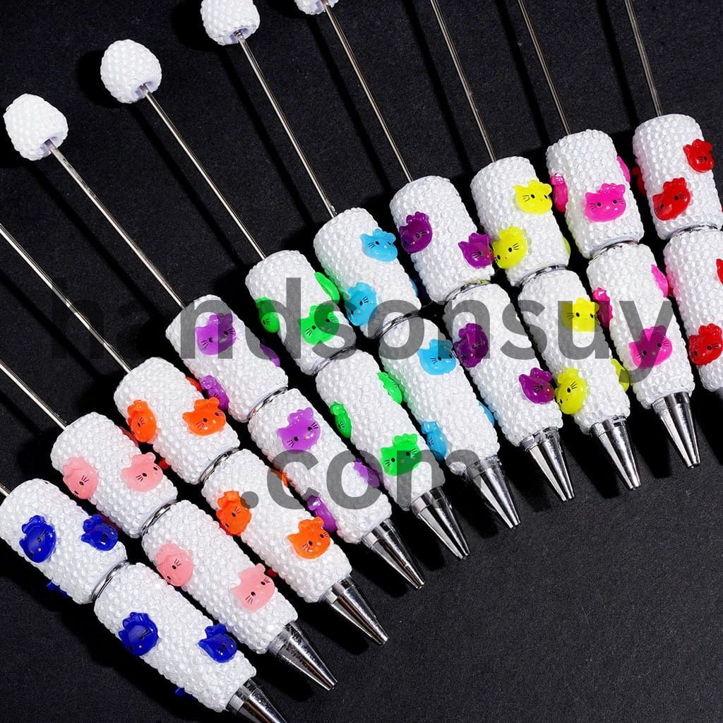 Cute Cat Character Face Beadable Clay Pen Neon Colors, White Background, Various Colors Random Mix