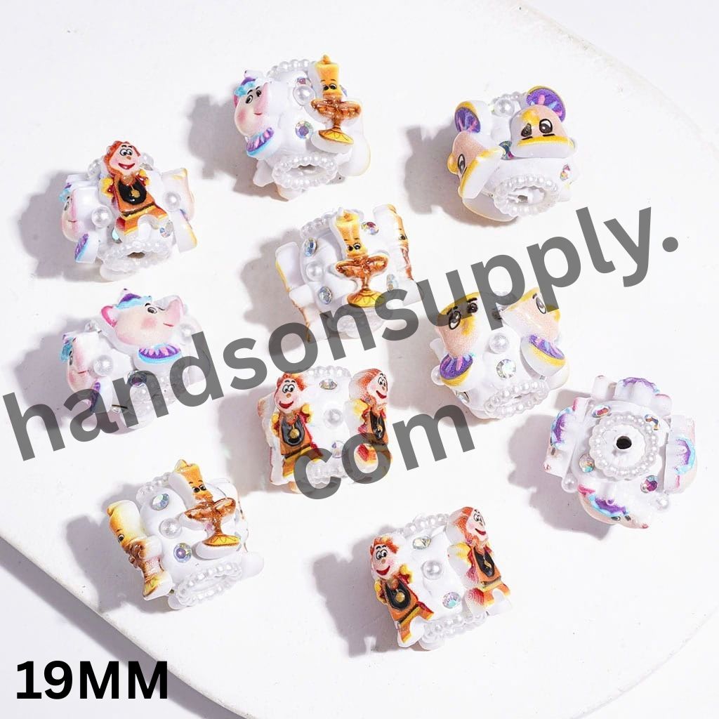 Charming Magic Kingdom Candle Holder, Clock, Teacup and Teapot Designs with AB Rhinestones and White Pearl Loops, Clay Beads, 19MM, Random Mix
