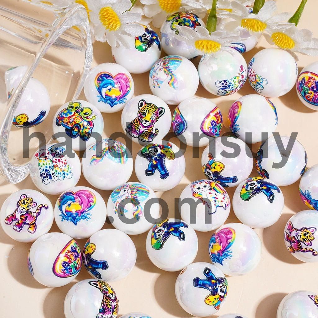 UV Coated White Iridescent Cute Animal & Fantasy Character Printed Round Acrylic Beads for Bracelets, 16MM, Assorted Designs, Random Mix